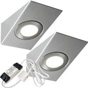 2x BRUSHED NICKEL Wedge Surface Under Cabinet Kitchen Light & Driver Kit - Warm White LED