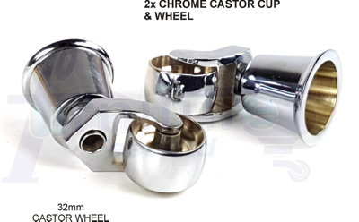 2x CHROME CASTOR & CUP 32mm REPLACMENT CHROME CASTORS FIX WITH SCREW OR BOLT NOT SUPPLIED