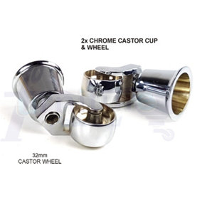 2x CHROME CASTOR & CUP 32mm REPLACMENT CHROME CASTORS FIX WITH SCREW OR BOLT NOT SUPPLIED