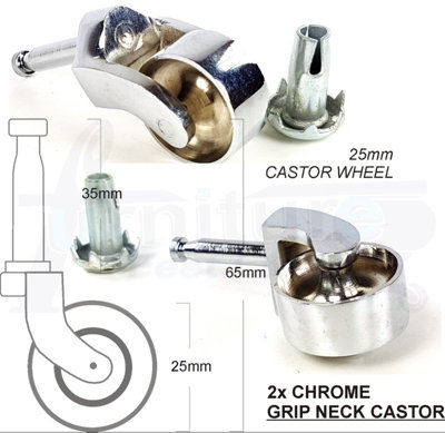 2x CHROME CASTOR & SOCKET 32mm PUSH IN CASTORS. CHROME GRIP NECK CASTORS  FURNITURE BEDS SOFAS CHAIRS STOOLS