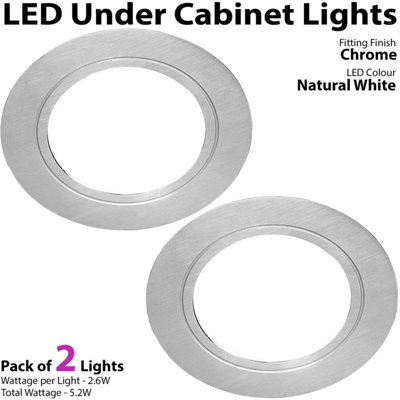 2x CHROME Round Flush Under Cabinet Kitchen Light & Driver Kit - Natural White LED