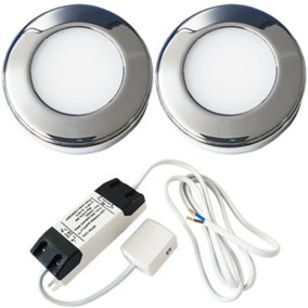2x CHROME Round Surface or Flush Under Cabinet Kitchen Light & Driver Kit - Natural White LED