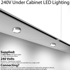 2x CHROME Round Surface or Flush Under Cabinet Kitchen Light Kit - 240V Mains Powered - Warm White LED