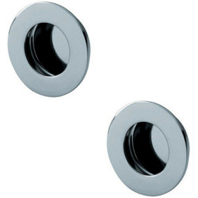 2x Circular Low Profile Recessed Flush Pull 50mm Diameter Bright Stainless Steel