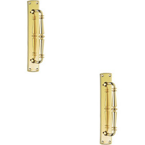 2x Cranked Ornate Door Pull Handle 380 x 65mm Backplate Polished Brass