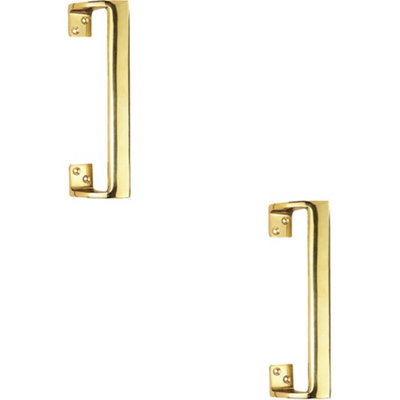 2x Cranked Oval Grip Door Pull Handle 225mm Length 46.5mm Proj Polished Brass