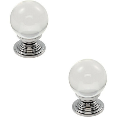 2x Crystal Ball Cupboard Door Knob 34mm Diameter Clear Translucent & Chrome