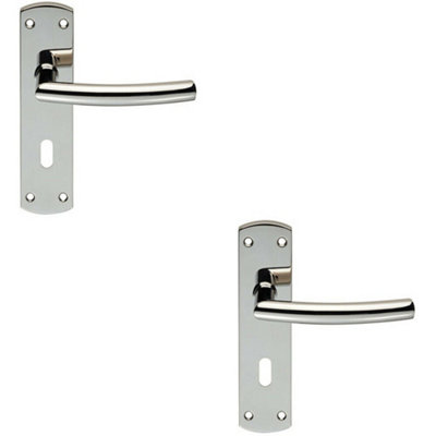 2x Curved Bar Lever Door Handle on Lock Backplate 172 x 44mm Polished