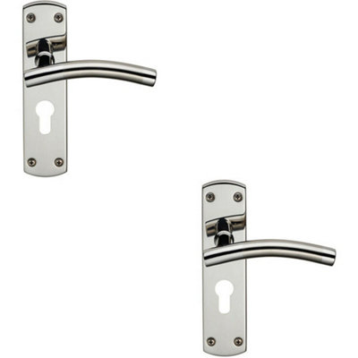 2x Curved Lever on Euro Lock Backplate Handle 172 x 44mm Polished & Satin Steel