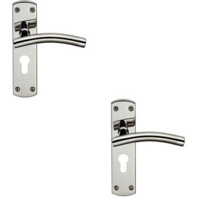 2x Curved Lever on Euro Lock Backplate Handle 172 x 44mm Polished & Satin Steel