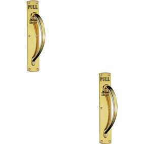 2x Curved Right Handed Door Pull Handle Engraved with 'Pull' Polished Brass