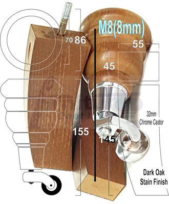 2x DARK OAK STAIN 155mm HIGH WOOD FURNITURE LEGS WITH CHROME CASTOR & 2 CURVED BACK FEET SETTEE CHAIRS, SOFAS M8 TSP2007