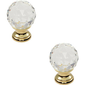 2x Faceted Crystal Cupboard Door Knob 25mm Dia Polished Brass Cabinet Handle