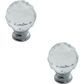 2x Faceted Crystal Cupboard Door Knob 25mm Dia Polished Chrome Cabinet Handle