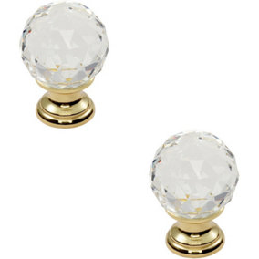 2x Faceted Crystal Cupboard Door Knob 31mm Dia Polished Brass Cabinet Handle