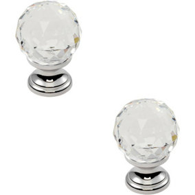 2x Faceted Crystal Cupboard Door Knob 31mm Dia Polished Chrome Cabinet Handle