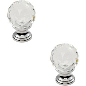 2x Faceted Crystal Cupboard Door Knob 35mm Dia Polished Chrome Cabinet Handle