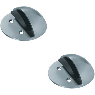 2x Floor Mounted Half Moon Doorstop with Rubber Buffer 80mm Dia Satin Steel