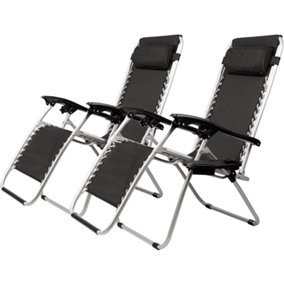 2x GardenCo Black Zero Gravity Recliners Chairs - Reclining Garden Sun Lounger or Camping with Side Tables