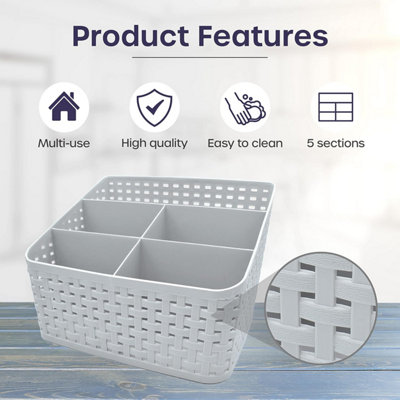 2x Grey Plastic Vanity Storage Basket - 5-Grid Makeup Organiser for Bathroom - 3