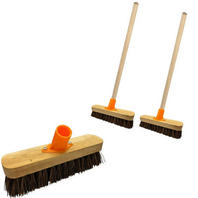 2x Heavy Duty Strong Stiff Floor Broom Deck Scrubber Brush With Wooden Handle For Garden Pathways