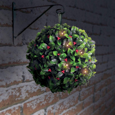 2x Holly Berry Topiary LED Ball - 20 Solar Powered LED Lights in Holly Berry Topiary Ball - Solar Powered - Christmas Xmas Outdoor