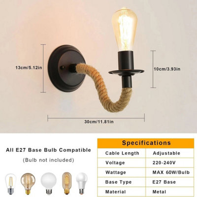 2X Industrial Wall Light Rotatable Indoor Rope Wall Lamp E27 Hallway ...