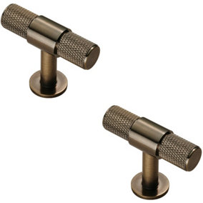 2x Knurled Cupboard T Shape Pull Handle 50 x 13mm Antique Brass Cabinet Handle