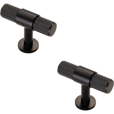 2x Knurled Cupboard T Shape Pull Handle 50 x 13mm Matt Black Cabinet Handle