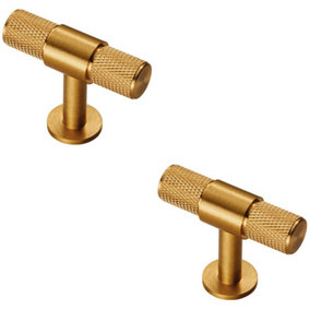 2x Knurled Cupboard T Shape Pull Handle 50 x 13mm Satin Brass Cabinet Handle