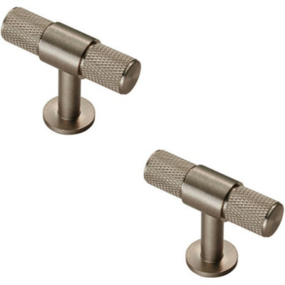 2x Knurled Cupboard T Shape Pull Handle 50 x 13mm Satin Nickel Cabinet Handle