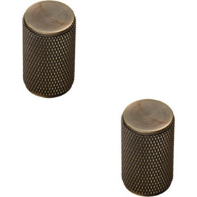 2x Knurled Cylindrical Cupboard Door Knob 18mm Dia Antique Brass Cabinet Handle