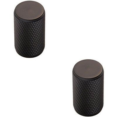 2x Knurled Cylindrical Cupboard Door Knob 18mm Dia Matt Black Cabinet Handle