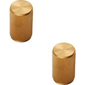 2x Knurled Cylindrical Cupboard Door Knob 18mm Dia Satin Brass Cabinet Handle