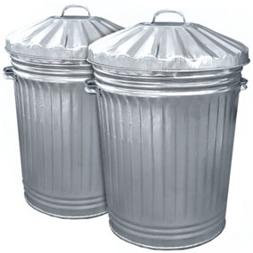 2x Large Galvanised Metal Bins with Dustbin Lids 90 Litre Bins Ideal for the Home, Kitchen Rubbish, Outdoor Bins, Animal Feed