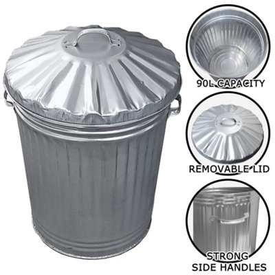 2x Large Galvanised Metal Bins with Dustbin Lids 90 Litre Bins Ideal for the Home Kitchen