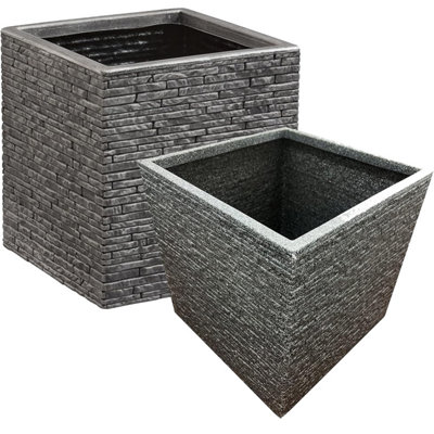 2x Large Square Slate Effect Planters For Garden Indoor & Outdoor Patio Planters Pots