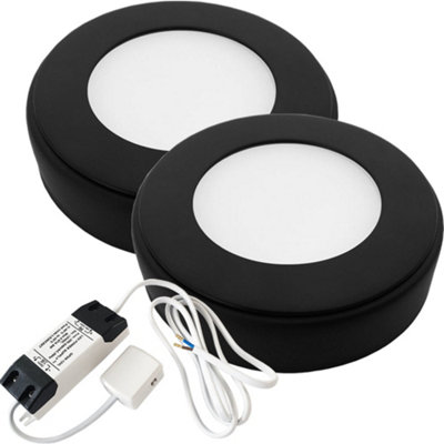 2x MATT BLACK Round Surface or Flush Under Cabinet Kitchen Light ...
