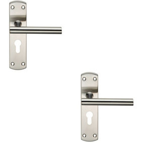 2x Mitred T Bar Lever Door Handle on Euro Lock Backplate 172 x 44mm Satin Steel