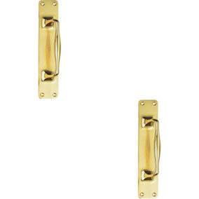 2x One Piece Door Pull Handle on Backplate 297mm Length Polished Brass