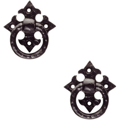 2x Ornate Cabinet Ring Pull on Cross Backplate 35mm Fixing Centres Black Antique