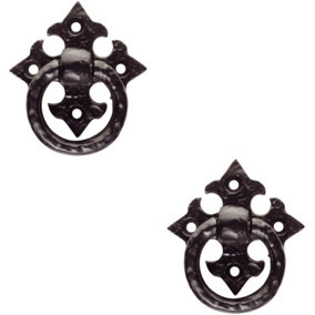 2x Ornate Cabinet Ring Pull on Cross Backplate 35mm Fixing Centres Black Antique