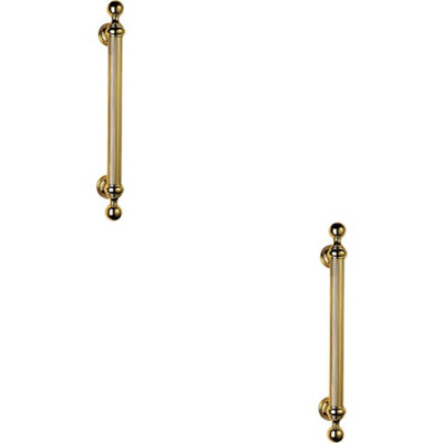 2x Ornate Pull Handle with Reeded Grip 353mm Fixing Centres Polished Brass