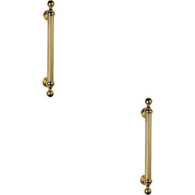 2x Ornate Pull Handle with Reeded Grip 353mm Fixing Centres Polished Brass