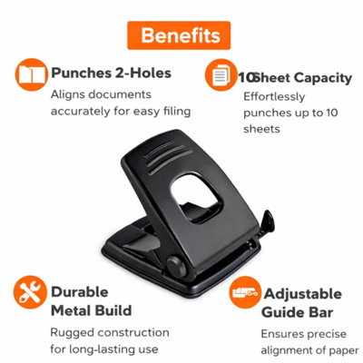 2x pack 2 Hole Paper Punch 10 Sheet Capacity Lightweight Compact Metal ...