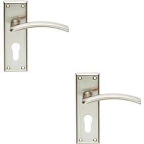 2x PAIR Arched Lever on Euro Lock Backplate Door Handle 150 x 50mm Satin Nickel