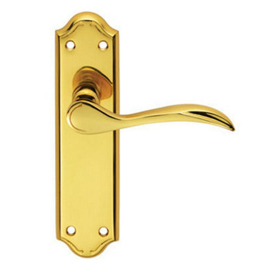 2x PAIR Curved Door Handle Lever on Latch Backplate 180 x 45mm Polished Brass