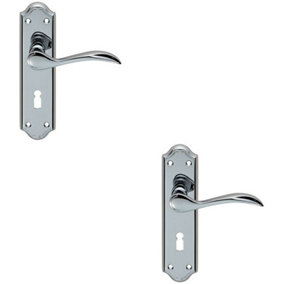 2x PAIR Curved Door Handle Lever on Lock Backplate 180 x 45mm Polished Chrome
