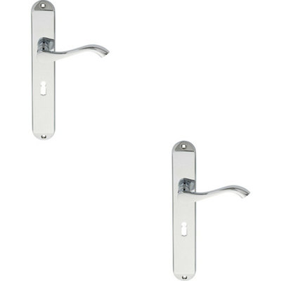 2x PAIR Curved Handle on Long Slim Lock Backplate 241 x 40mm Polished Chrome