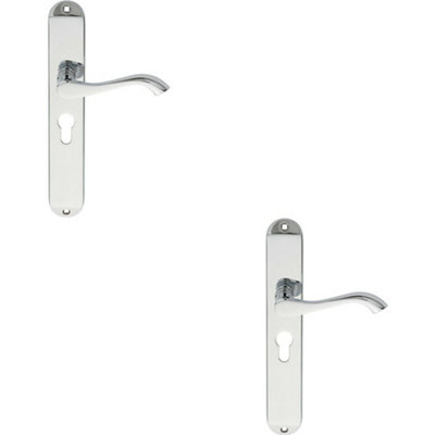 2x PAIR Curved Lever on Long Slim Euro Lock Backplate 241 x 40mm Polished Chrome